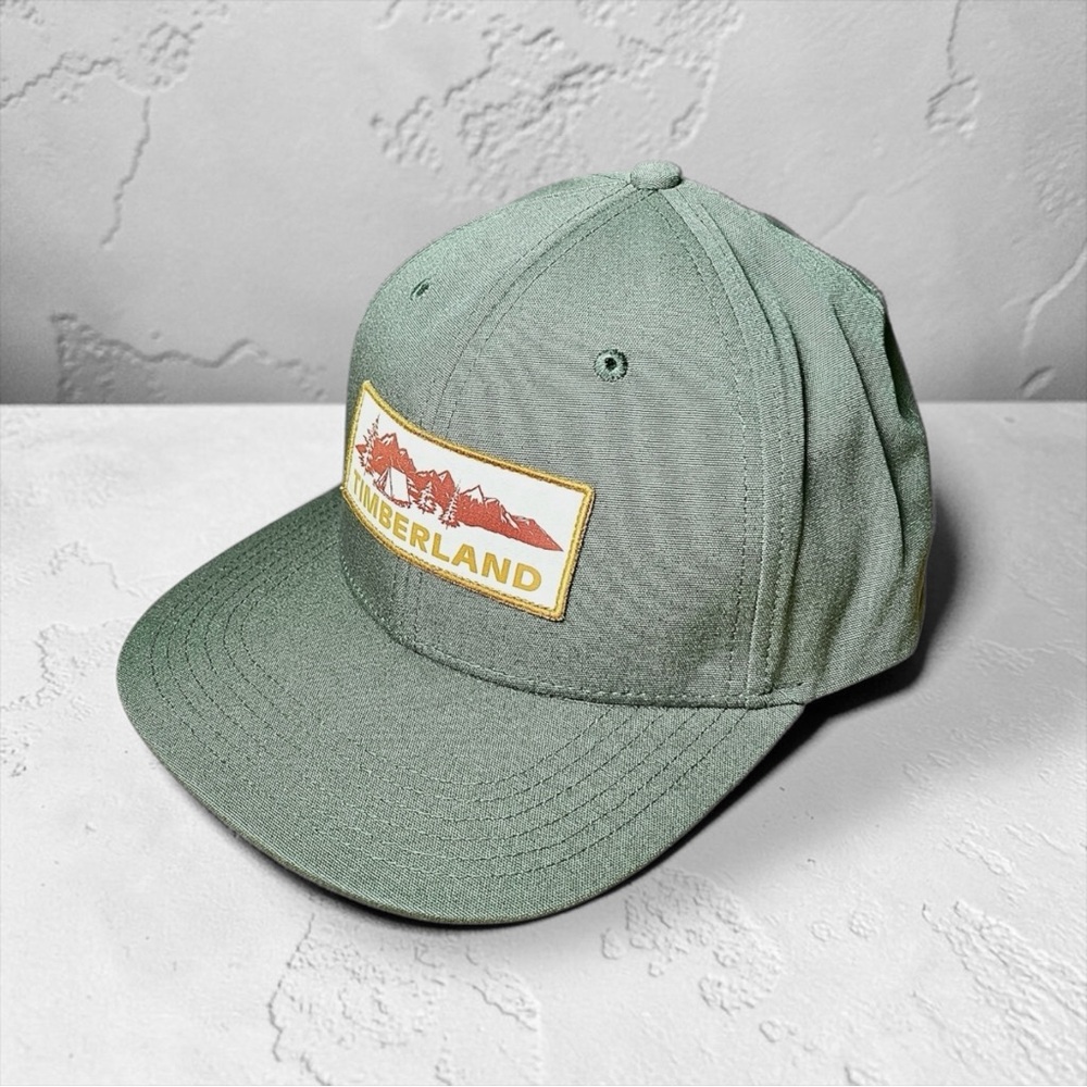 Timberland Men’s Green Canvas Flat Brim Camping Patch Baseball Hat Sz OS